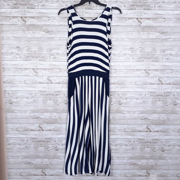New Womens Sleeveless Cropped Jumpsuit L Plunge Back Striped Pockets Blue 709A - Picture 1 of 5